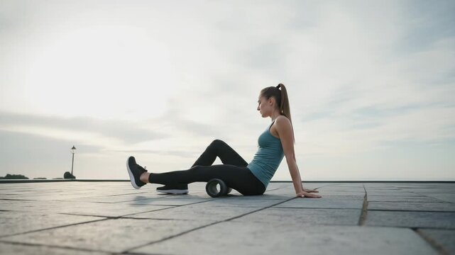 Athletic caucasian woman stretching legs on foam roller outdoors on rooftop at sunset, concept of muscle recovery mobility and active lifestyle