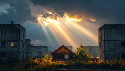 Sunbeam Illuminating Wooden House Among Concrete Buildings