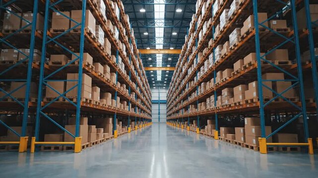 Warehouse with storage, shelves, and boxes.