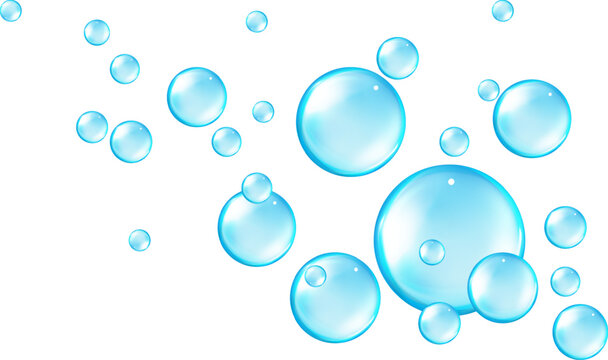 Fizzing air and water blue bubbles on white background with fizzy sparkles.