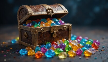 Obraz premium Treasure Chest Overflowing With Colorful Gems on a Dark Background