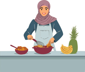 Flat vector illustration of a woman preparing food ingredients, symbolizing healthy cooking, home lifestyle, and daily activity.
