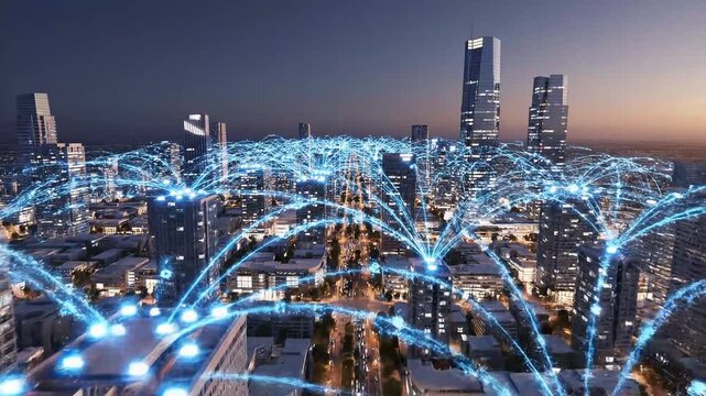 High-tech smart city network connecting buildings with digital data flows at dusk