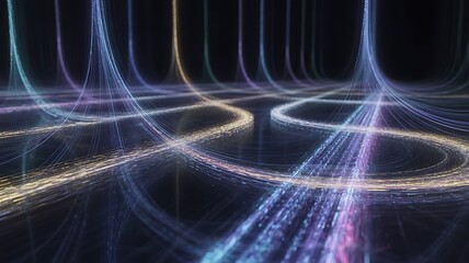 Vibrant, swirling light trails create a mesmerizing display of color and movement, forming an abstract digital landscape with dynamic, glowing lines.