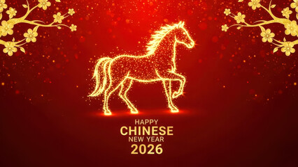 Happy Chinese New Year 2026 Golden Horse Illustration on Red Festive Background | Chinese Happy New Year 2026 banner