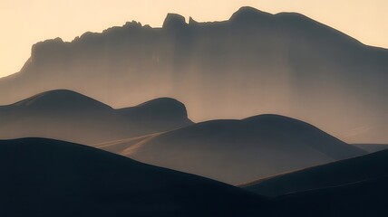 Majestic mountain range with rugged peaks and serene hills shrouded in misty atmosphere at sunrise or sunset, evoking a sense of grandeur and tranquility with soft golden light.