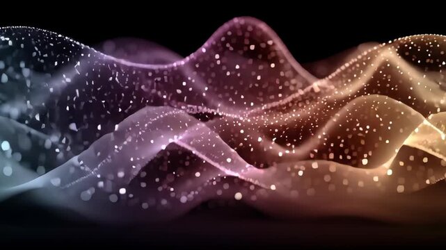 Dynamic digital waves flow gracefully, adorned with glowing particles. a blend of purple and orange hues creates a futuristic and modern aesthetic, ideal for technology themes, digital art, or creativ