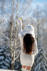 Woman in fur hat seen from behind holding champagne glass in snowy winter park outdoors