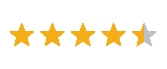 Golden star rating icon with four full stars and one half star. Customer review and feedback symbol for website, app, ecommerce and user experience design © Pixrow
