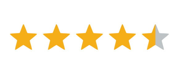 Golden star rating icon with four full stars and one half star. Customer review and feedback symbol for website, app, ecommerce and user experience design