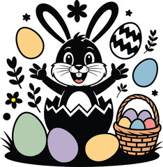 A cheerful black and white bunny welcomes springtime with colorful easter eggs and a basket