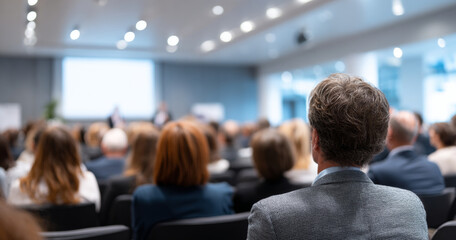 Fototapeta premium Audience attending a professional conference or seminar in a modern conference room with speakers presenting on a screen