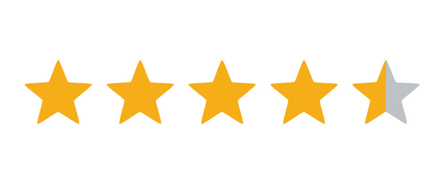 Golden star rating icon with four full stars and one half star. Customer review and feedback symbol for website, app, ecommerce and user experience design