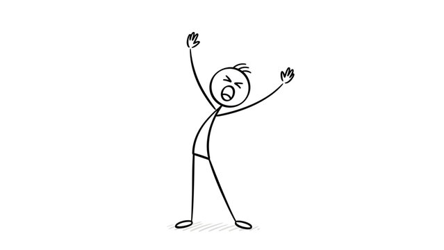 Excited Stickman Shouting with Raised Arms and Open Mouth in Bright Studio