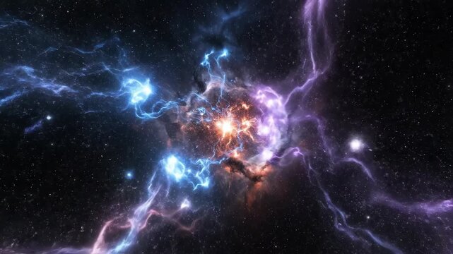 Abstract 3d illustration shows a vibrant cosmic nebula exploding with purple and blue energy in deep space.