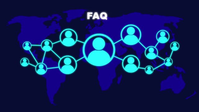 Frequently asked questions concept on blue background with world map and social icons. Social network connections, Connected people nodes, and global communication concept.