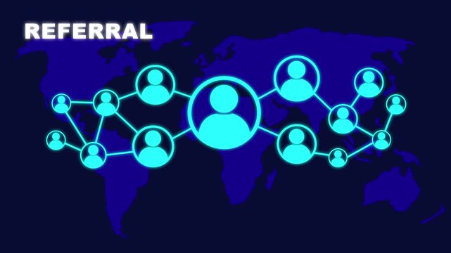 Animated referral marketing concept on blue background with world map and social icons. Social network connections, Connected people nodes, and global communication concept.