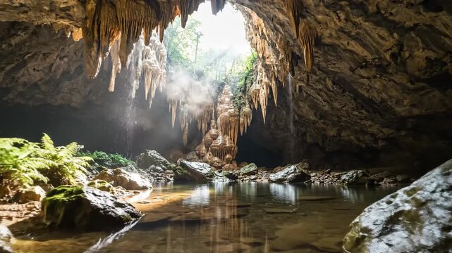 Cave interior sunlight illuminated stalactites and water reflection