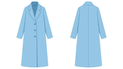 Stylized Vector Illustration of a Classic Light Blue Long Coat Featuring Front and Back Views for Apparel Design