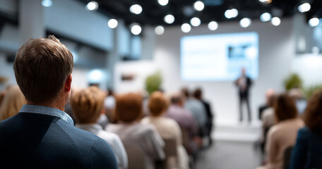 Fototapeta premium Audience listening to a speaker presenting at a modern conference or seminar in a well-lit room with a large screen
