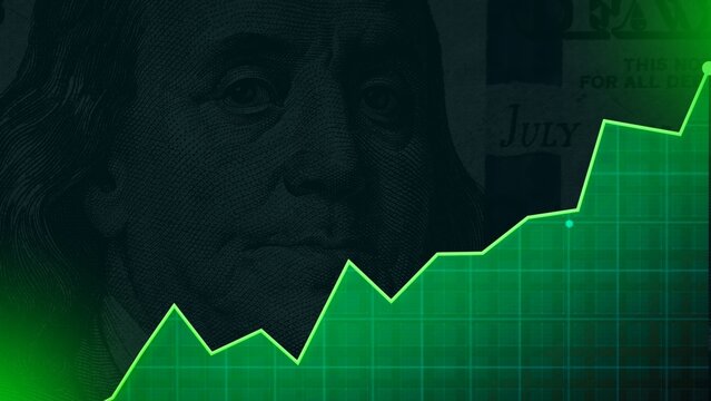Stock market graph with US dollar bill in green and dark tones on a dark background for financial growth. - Powered by Adobe