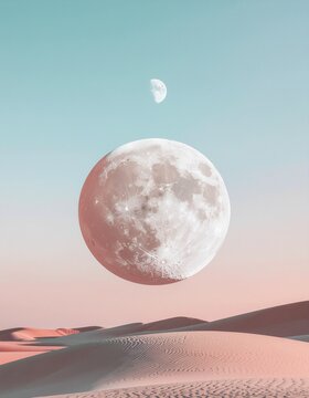 Full moon rising over sand dunes at sunrise