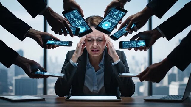 Stressed executive overwhelmed by phones.