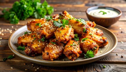 Crispy golden honey butter chicken wings on a plate, garnished with sesame seeds and parsley, with creamy dipping sauce, on a rustic wooden table.