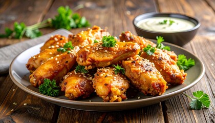 Crispy golden honey butter chicken wings on a plate, garnished with sesame seeds and parsley, with creamy dipping sauce, on a rustic wooden table.