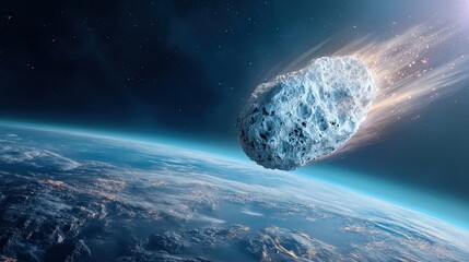 Space threat - huge asteroid. A meteorite flies over the surface of the Earth. A stunning view of a massive asteroid, reminding us of the cosmic threats that exist beyond Earth.