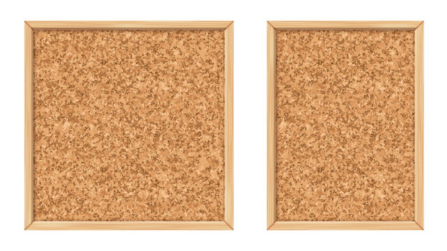 Cork vector board with wooden frames and natural cork texture with an irregular grains pattern. Educational pins billboard, office board workspace, productivity desk template
