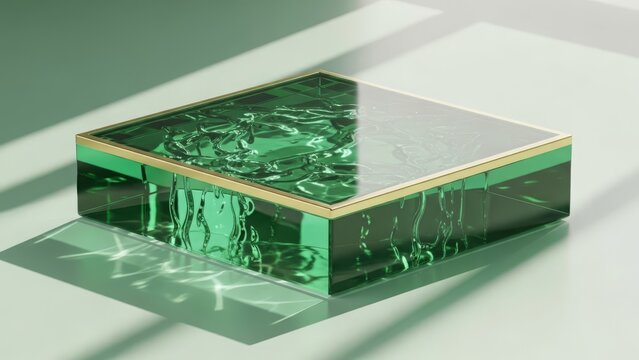 Elegant green glass box with gold trim on light green surface with shadow play