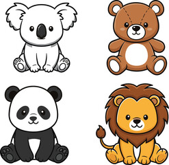 Cute cartoon animals sitting in grid layout including koala, teddy bear, panda, and lion for kids and education design