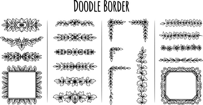Doodle border. Flower ornament frame, decorative corner elements, floral sketch pattern. Vector doodle frame elements. Transparent background EPS version.