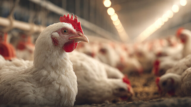 A modern broiler farm w/ hundreds of white Cobb broiler chickens feeding from the feeder