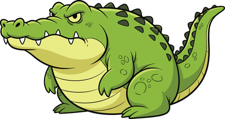 Naklejka premium Grumpy cartoon crocodile character with green body, expressive face, curled tail, and teeth, perfect for kids, education, and animation.
