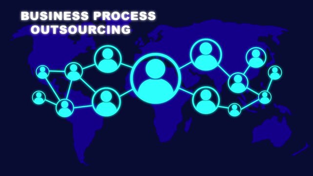 Animated business process outsourcing concept on blue background with world map and social icons. Social network connections, Connected people nodes, and global communication concept