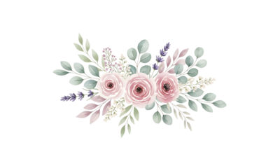 Watercolor floral bouquet with pink roses and eucalyptus leaves