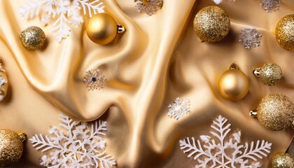 Golden Christmas Background With Ornaments And Snowflakes On Satin Fabric