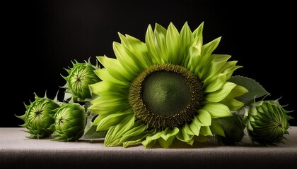 Still Life With Green Sunflowers On Black Background