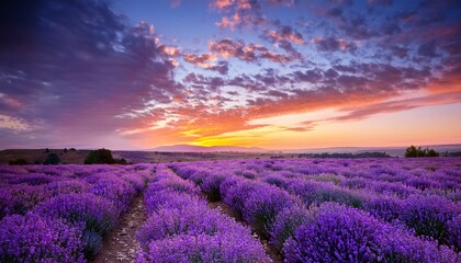 Llavender Field Landscape Under Vibrant Sunset Skyr