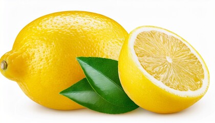 Ripe Yellow Lemon Citrus Fruit With Green Leaf And Half Isolated On Transparent Background Full Depth Of Field