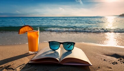 Beach Scene Featuring A Pair Of Sunglasses An Open Book And A Refreshing Drink On Sandy Shore With Gentle Waves Lapping At The Coastline Evoking Relaxation And Summer Vibes