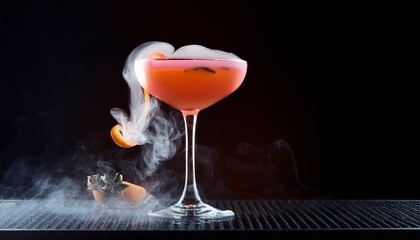 Vibrant Orange Pink Cocktail In Elegant Coupe Glass With Dramatic Smoking Dry Ice Effect