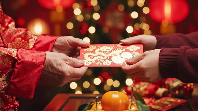 Elderly Asian man in red traditional attire hands a decorative red envelope to a younger person, showcasing the cultural exchange during Chinese New Year festive celebration with vibrant decorations