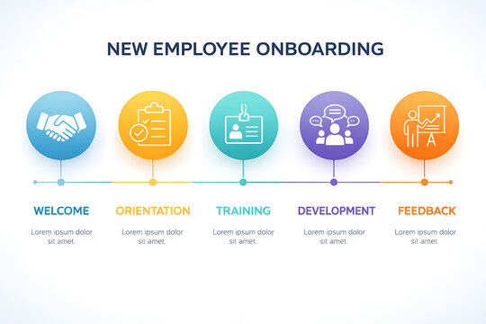 New employee onboarding infographic timeline with welcome orientation training development and feedback stages