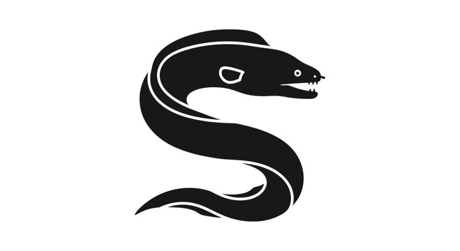 Stylized black eel silhouette with open mouth and sharp teeth.