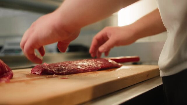 Working with beef, cut steak Chef cooking Raw beef meat tartar with sauce, man cutting steak tartare, making delicious french dish in modern restaurant. Fresh eco angus meat. 