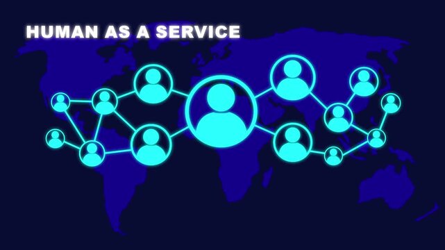 Animated Human as a Service concept on blue background with world map and social icons. Social network connections, Connected people nodes, and global communication concept.