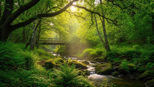 Serene forest pathway with sunlight - Powered by Adobe